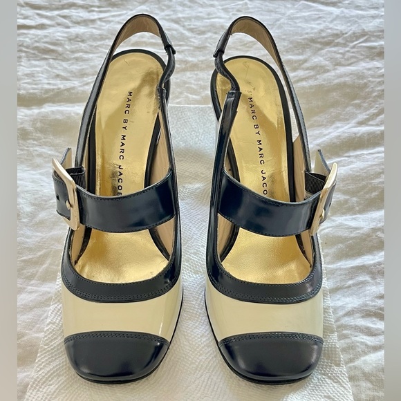Marc By Marc Jacob’s Patent Leather Sling backs Heel Pumps Blk Cream Size 35 - Picture 2 of 13